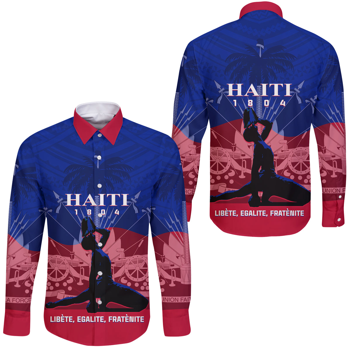 Haiti Long Sleeve Button Shirt Negre Marron With Coat Of Arms Polynesian Style - Wonder Print Shop