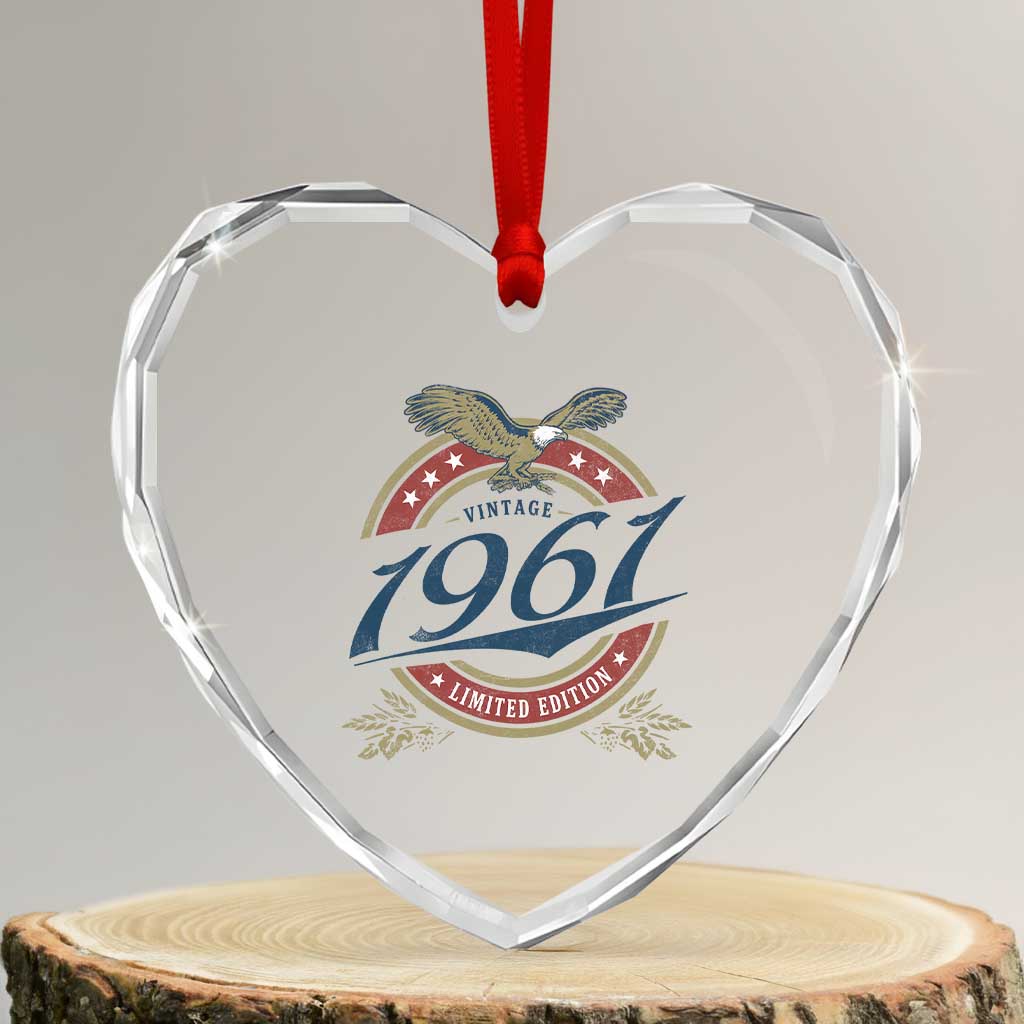 65th Birthday Beer Lover Vintage 1961 Limited Edition Heart Crystal Glass Ornament Bald Eagle