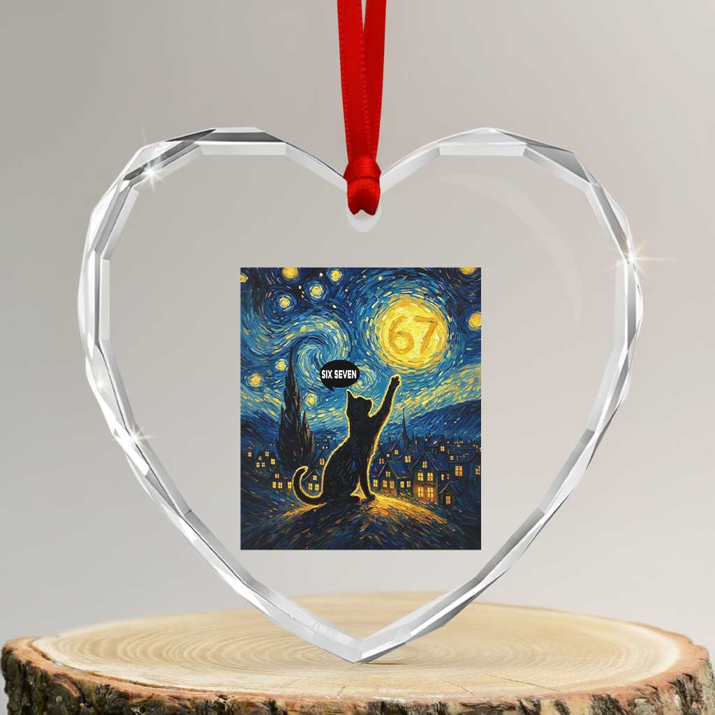 67 Cat Meme Heart Crystal Glass Ornament Funny Six Seven Cat Starry Night Van Gogh - Wonder Print Shop