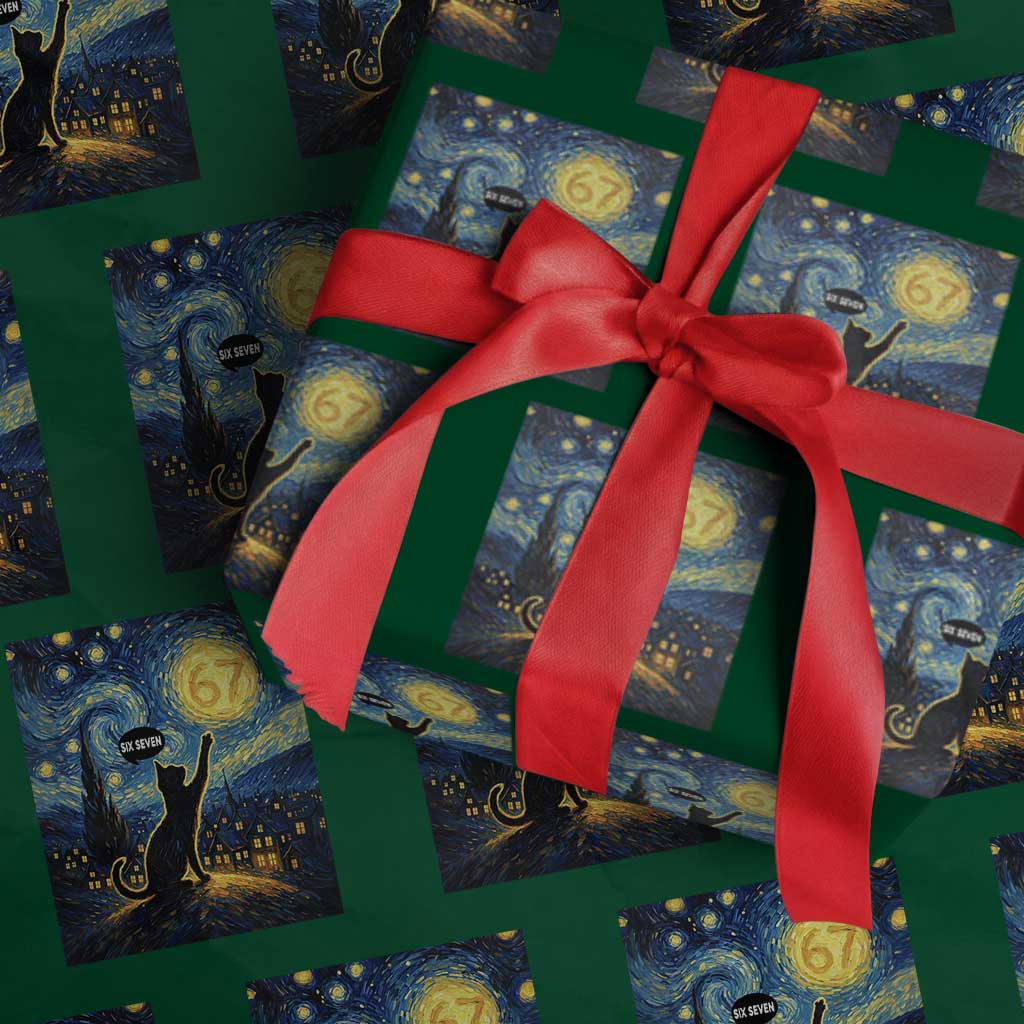 67 Cat Meme Wrapping Paper Roll Funny Six Seven Cat Starry Night Van Gogh - Wonder Print Shop