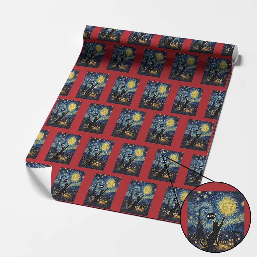 67 Cat Meme Wrapping Paper Roll Funny Six Seven Cat Starry Night Van Gogh - Wonder Print Shop