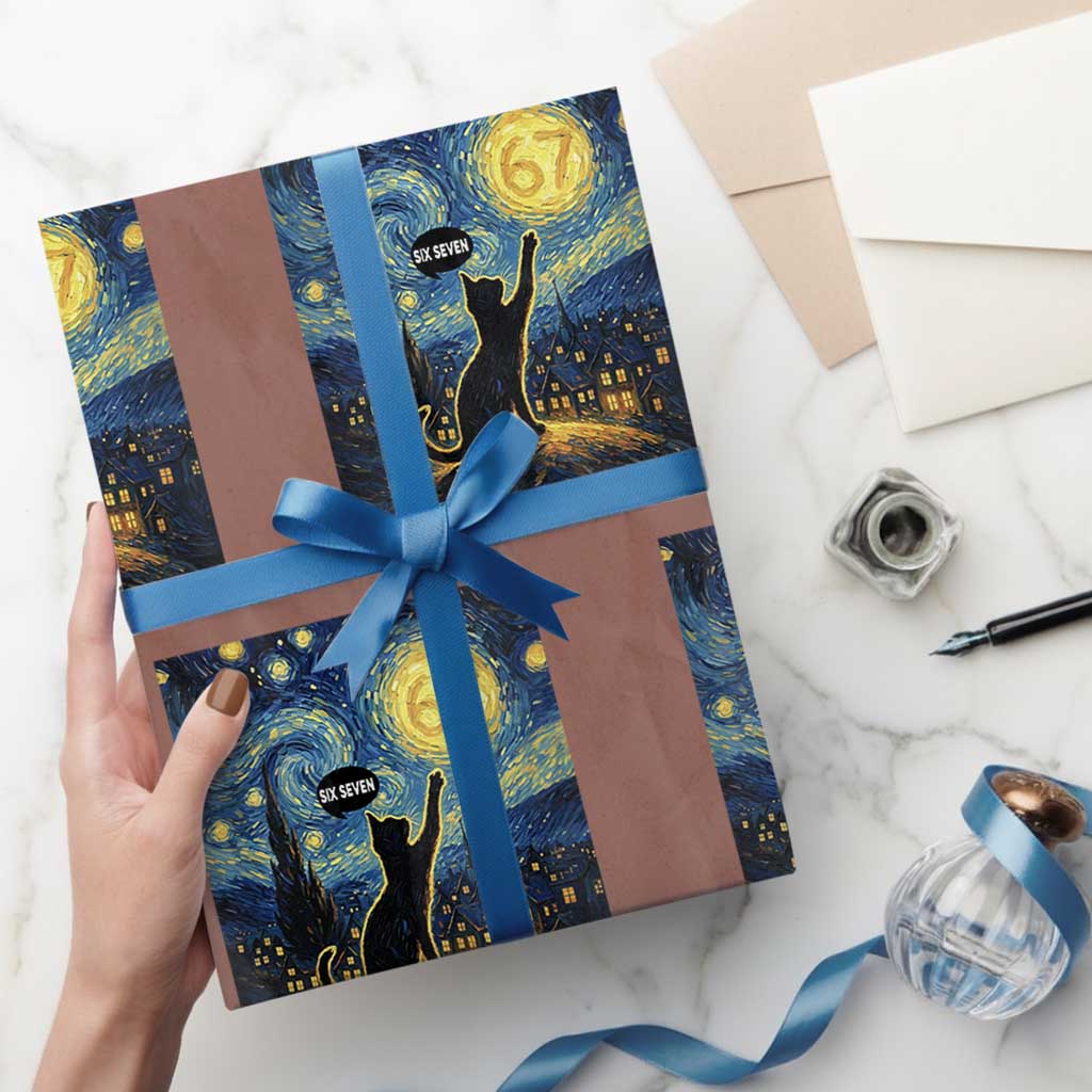 67 Cat Meme Wrapping Paper Roll Funny Six Seven Cat Starry Night Van Gogh - Wonder Print Shop