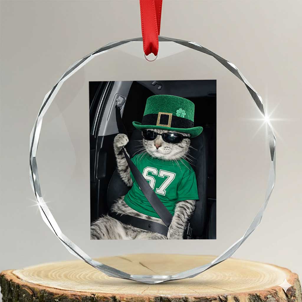 67 Cat St Patricks Day Crystal Glass Ornament Funny Cat Driver Leprechaun Meme