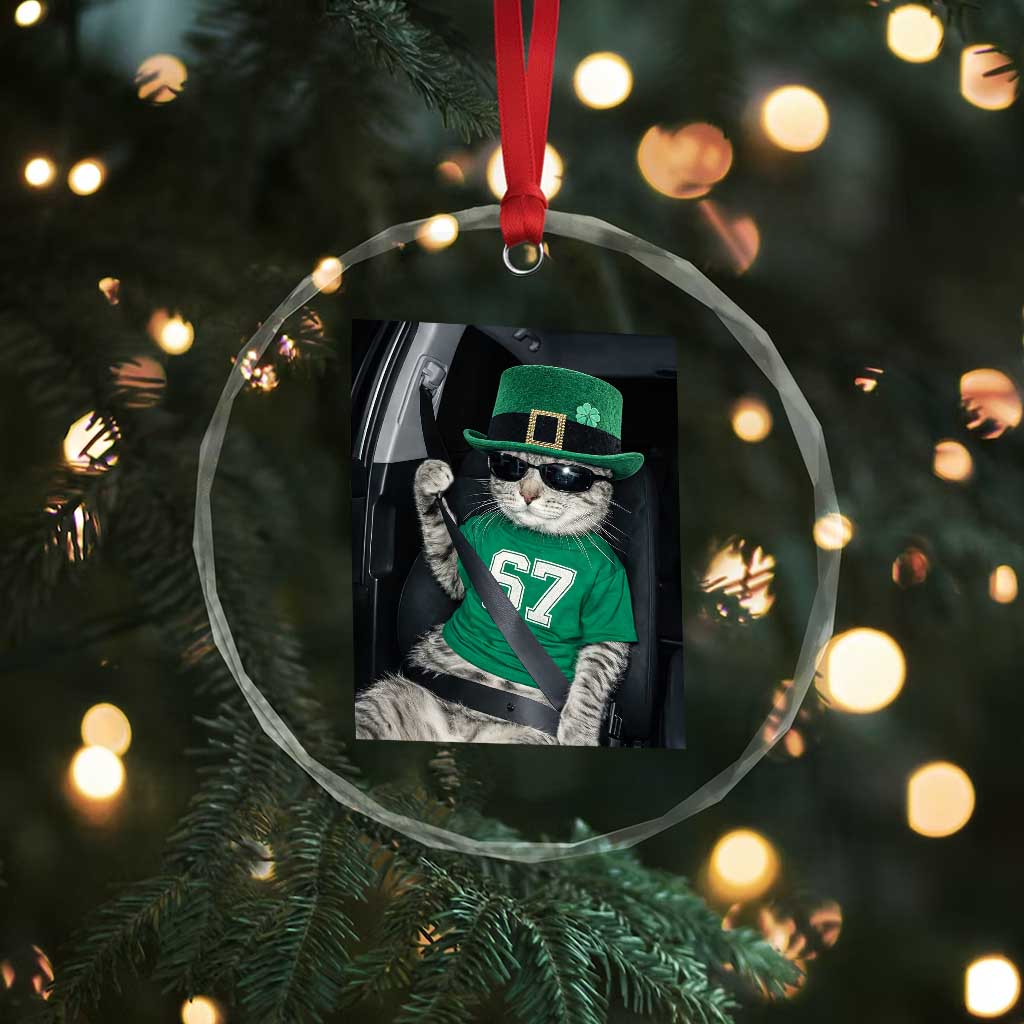 67 Cat St Patricks Day Crystal Glass Ornament Funny Cat Driver Leprechaun Meme