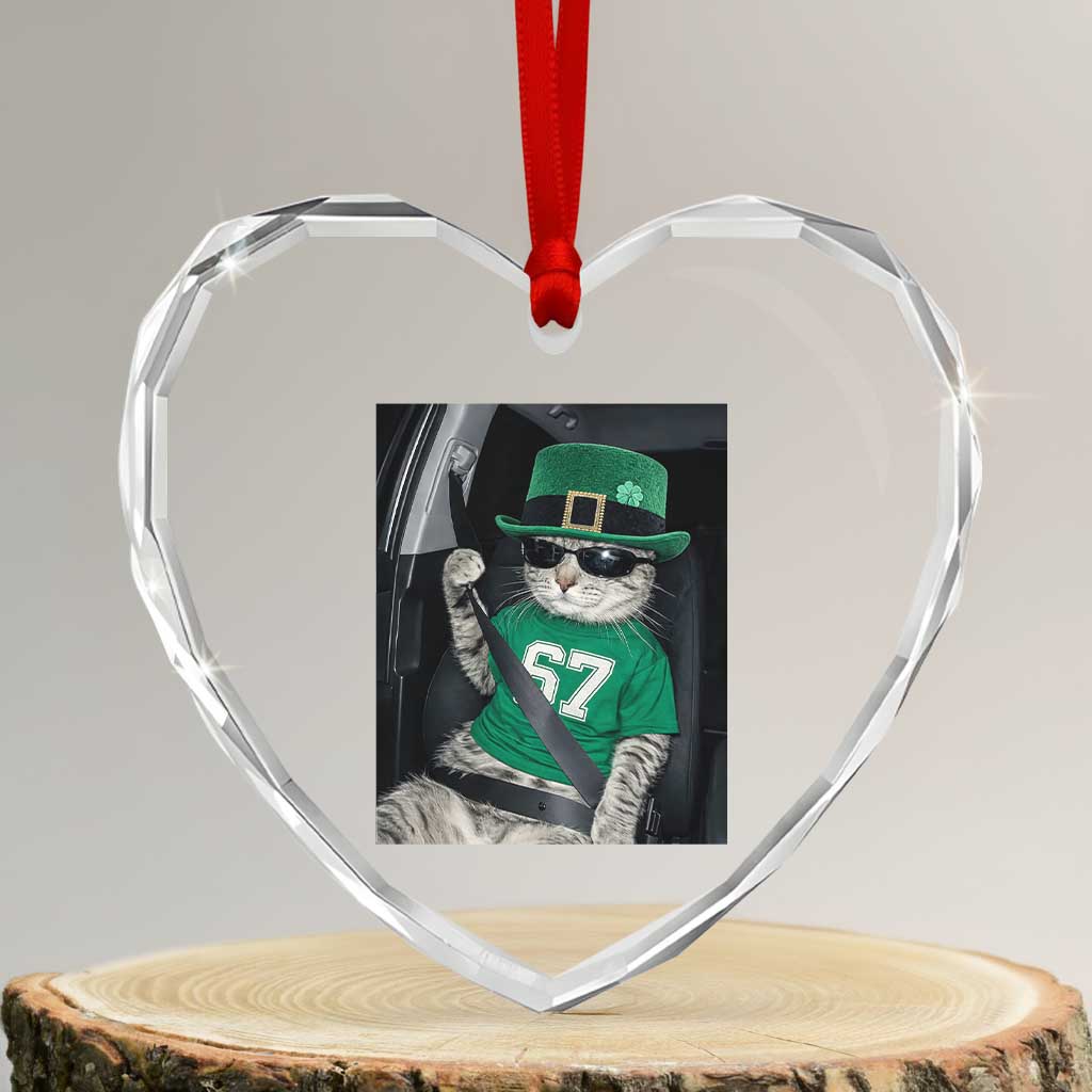67 Cat St Patricks Day Heart Crystal Glass Ornament Funny Cat Driver Leprechaun Meme