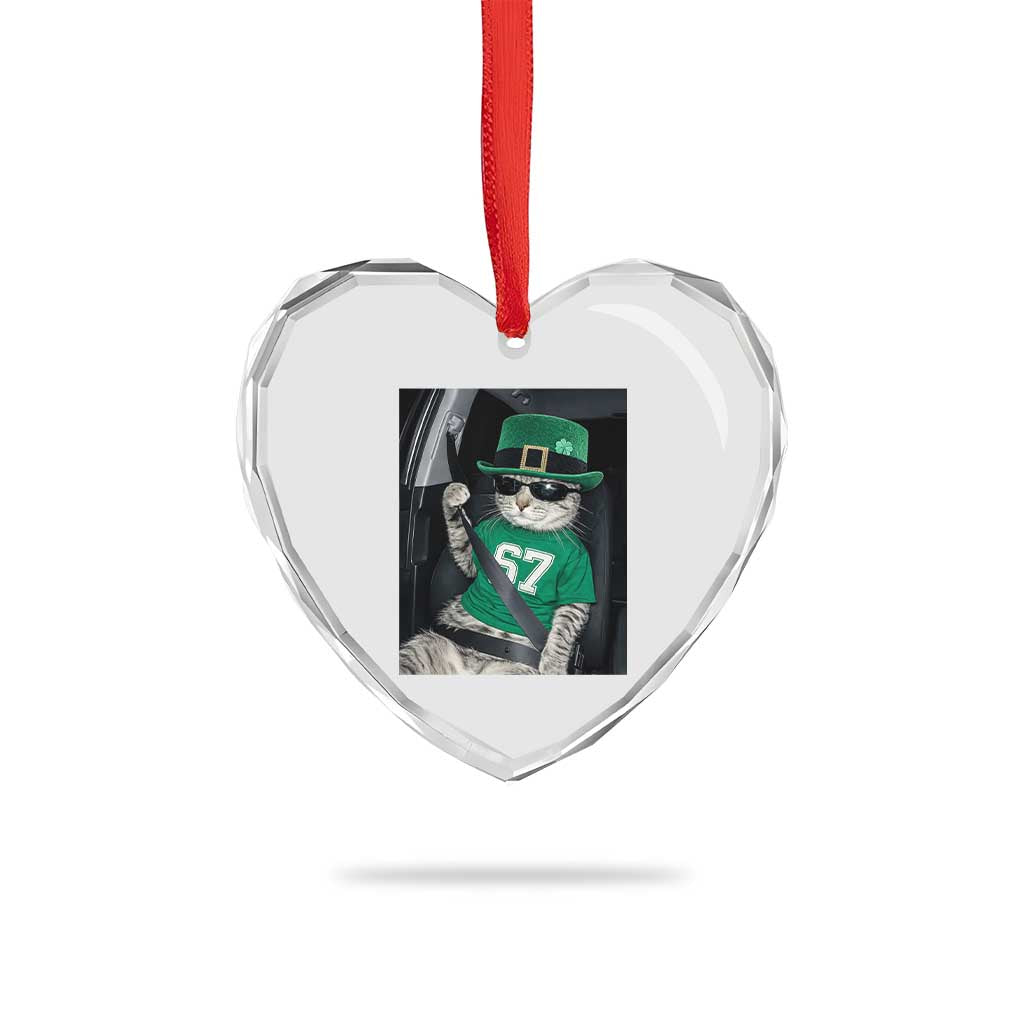 67 Cat St Patricks Day Heart Crystal Glass Ornament Funny Cat Driver Leprechaun Meme