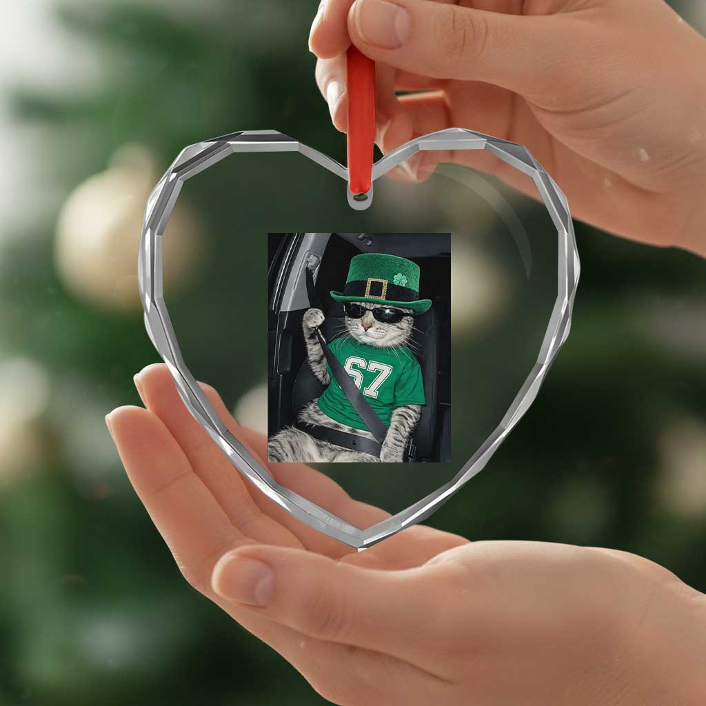 67 Cat St Patricks Day Heart Crystal Glass Ornament Funny Cat Driver Leprechaun Meme