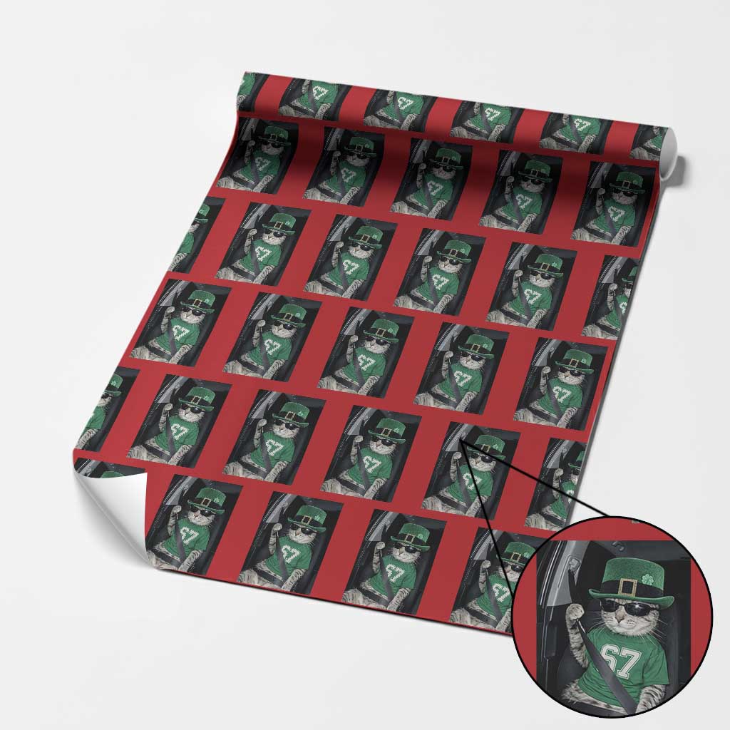 67 Cat St Patricks Day Wrapping Paper Roll Funny Cat Driver Leprechaun Meme