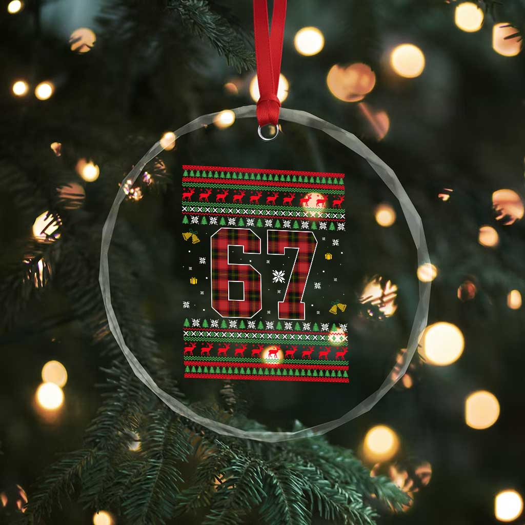 67 Christmas Red Plaid Crystal Glass Ornament Funny Six Seven Meme Holiday Vibes Graphic - Wonder Print Shop