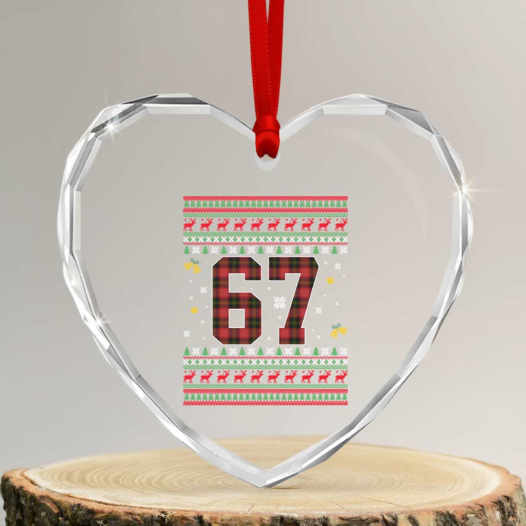 67 Christmas Red Plaid Heart Crystal Glass Ornament Funny Six Seven Meme Holiday Vibes Graphic - Wonder Print Shop