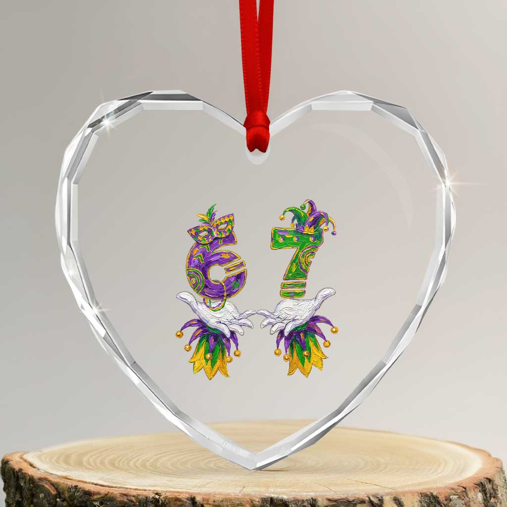 67 Mardi Gras Meme Heart Crystal Glass Ornament Funny Six Seven Hand Carnival Trendy