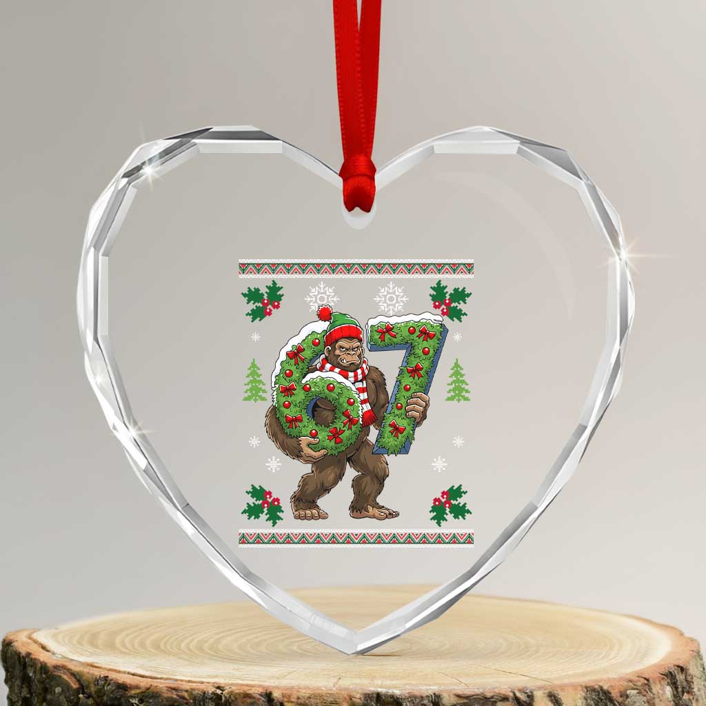 67 Meme Christmas Bigfoot Heart Crystal Glass Ornament Funny Six Seven Wreath Sasquatch Holiday Gag Gift - Wonder Print Shop