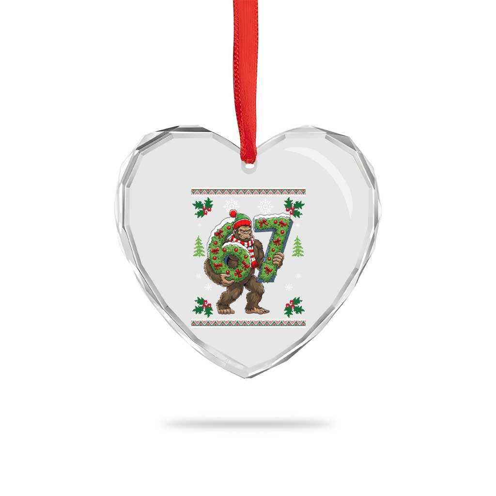 67 Meme Christmas Bigfoot Heart Crystal Glass Ornament Funny Six Seven Wreath Sasquatch Holiday Gag Gift - Wonder Print Shop