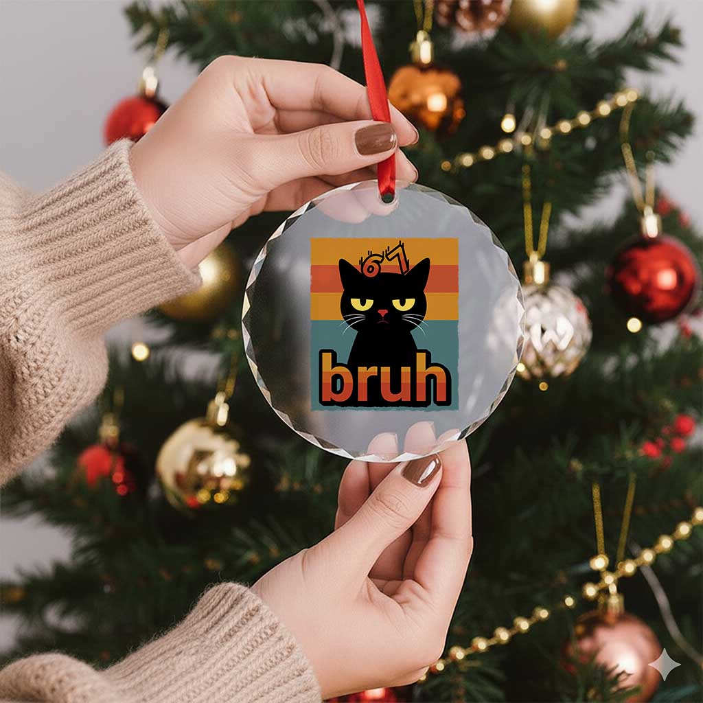 67 Six Seven Bruh Cat Meme Crystal Glass Ornament Cute Black Cat Funny Saying - Wonder Print Shop