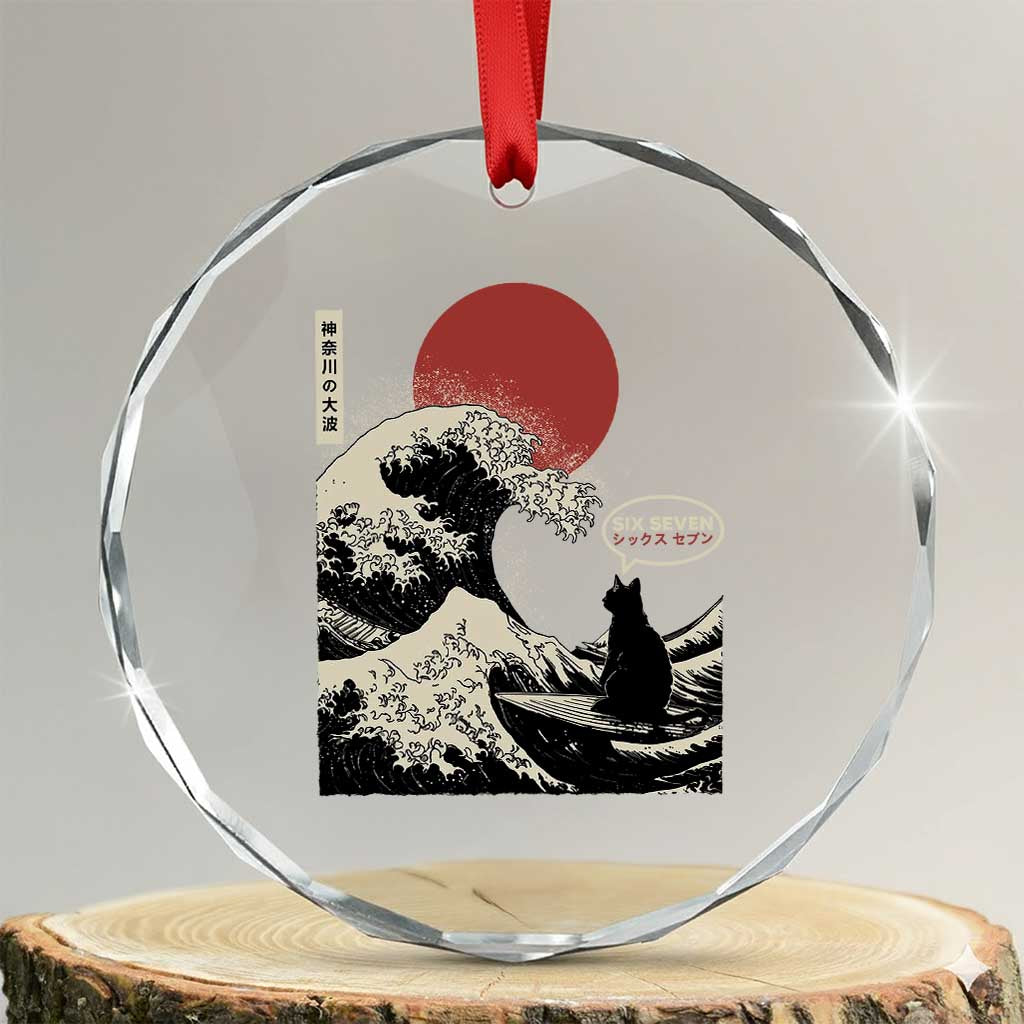 67 Six Seven Bruh Meme Crystal Glass Ornament Funny Japanese Black Cat Surfing The Great Wave Kanagawa - Wonder Print Shop
