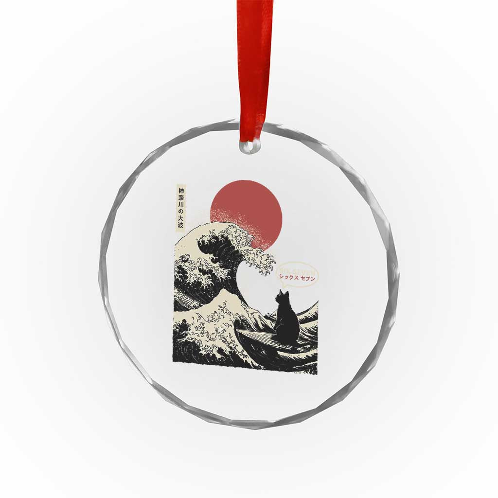 67 Six Seven Bruh Meme Crystal Glass Ornament Funny Japanese Black Cat Surfing The Great Wave Kanagawa - Wonder Print Shop