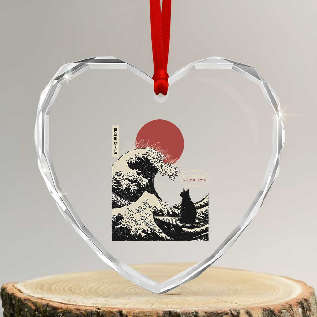 67 Six Seven Bruh Meme Heart Crystal Glass Ornament Funny Japanese Black Cat Surfing The Great Wave Kanagawa - Wonder Print Shop