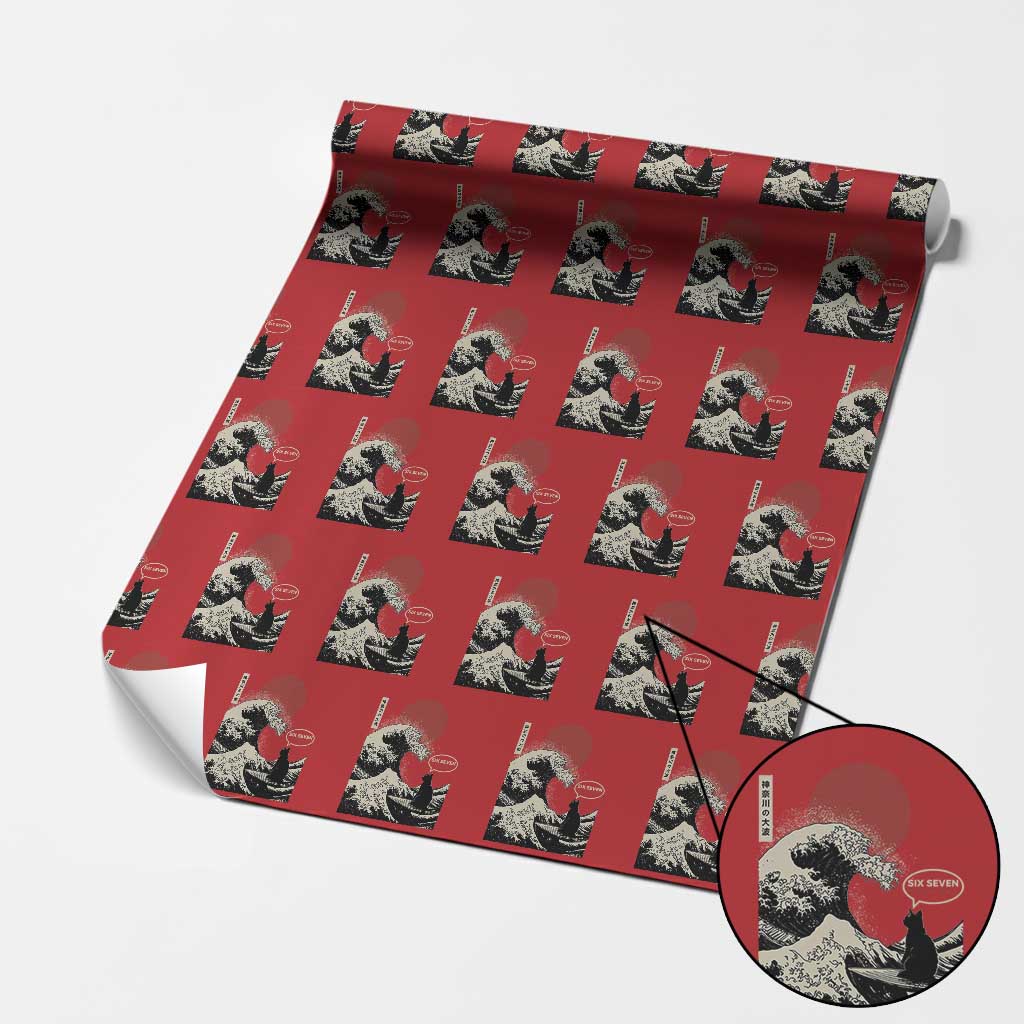 67 Six Seven Bruh Meme Wrapping Paper Roll Funny Japanese Black Cat Surfing The Great Wave Kanagawa - Wonder Print Shop