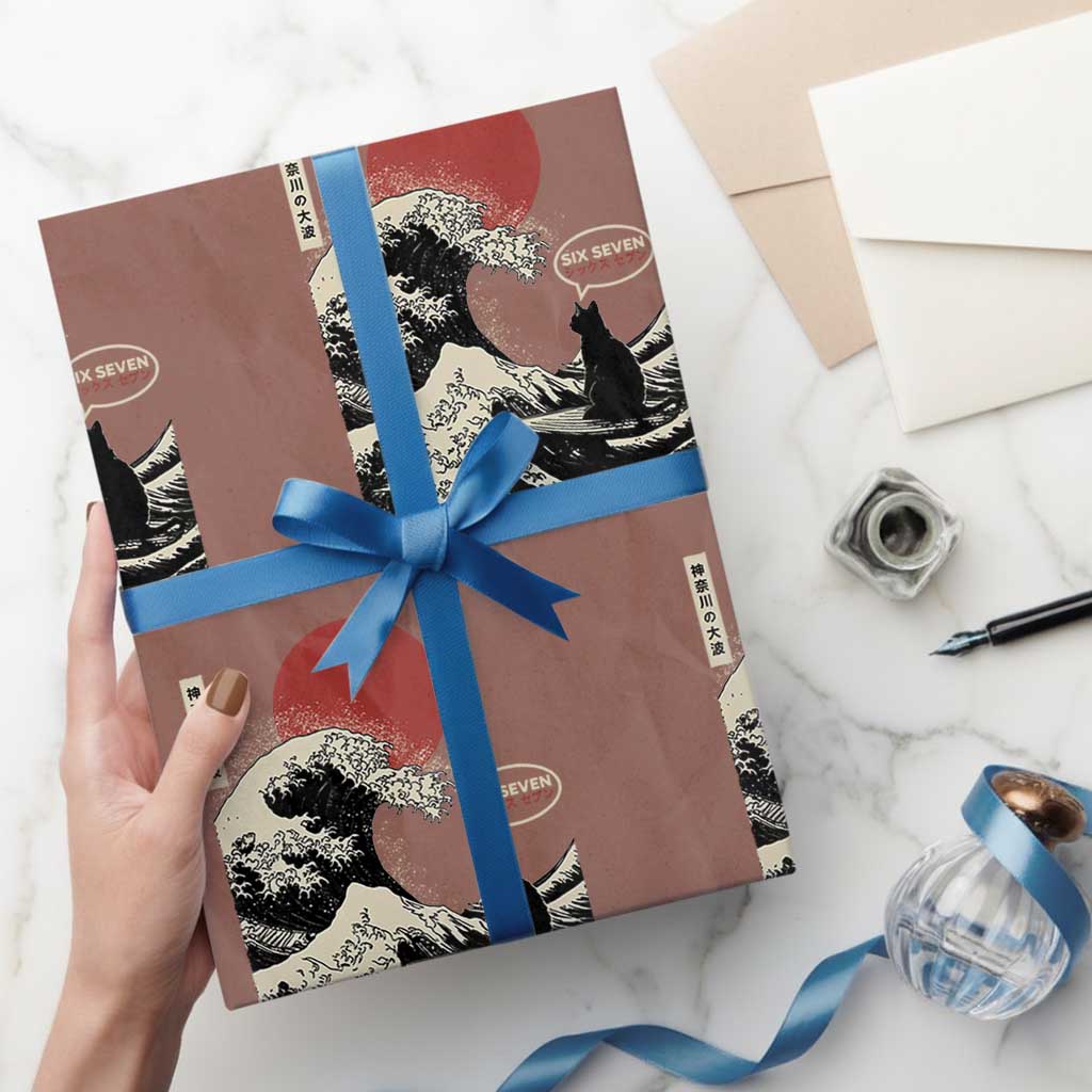 67 Six Seven Bruh Meme Wrapping Paper Roll Funny Japanese Black Cat Surfing The Great Wave Kanagawa - Wonder Print Shop