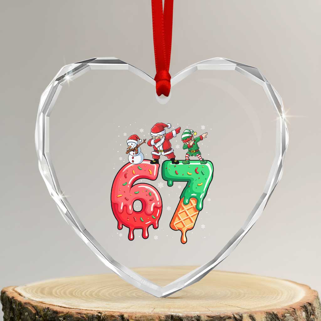 67 Six Seven Christmas Heart Crystal Glass Ornament Funny Dabbing Santa Elf Friends 6 7 Meme Gen Alpha Slang - Wonder Print Shop