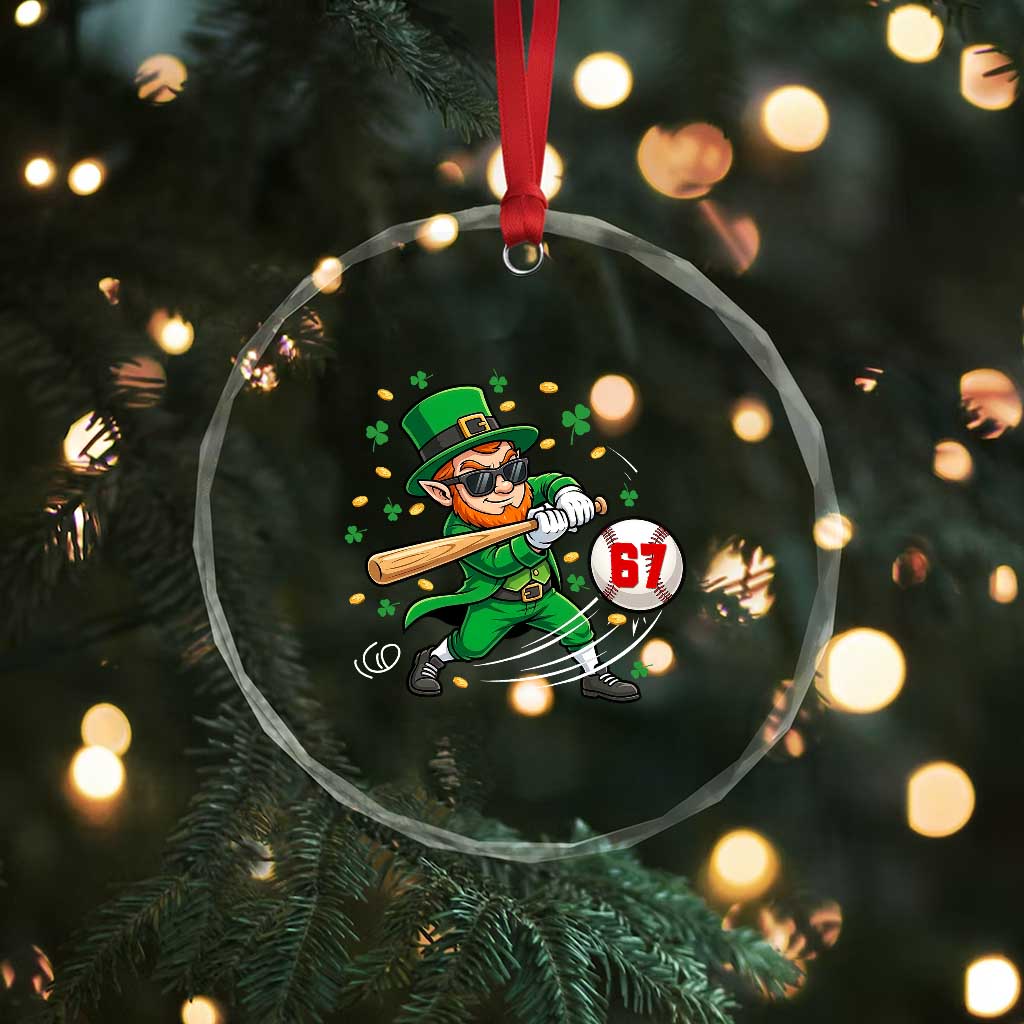 67 St Patricks Day Crystal Glass Ornament Funny Six Seven Leprechaun Playing Baseball Meme