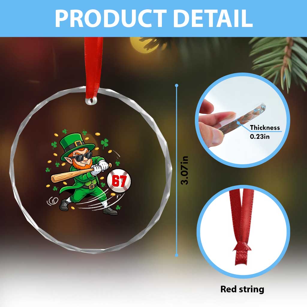 67 St Patricks Day Crystal Glass Ornament Funny Six Seven Leprechaun Playing Baseball Meme