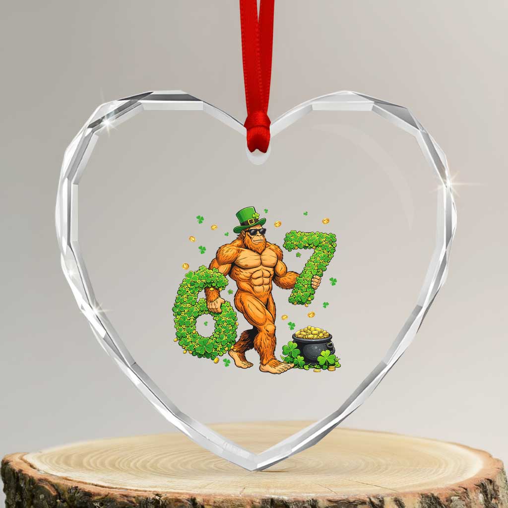 67 St Patricks Day Heart Crystal Glass Ornament Funny Bigfoot Six Seven Shamrock Party Meme