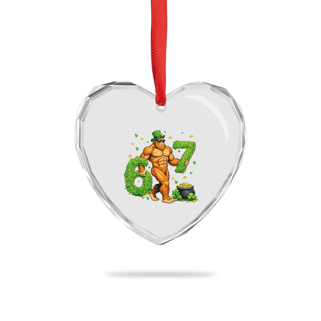 67 St Patricks Day Heart Crystal Glass Ornament Funny Bigfoot Six Seven Shamrock Party Meme
