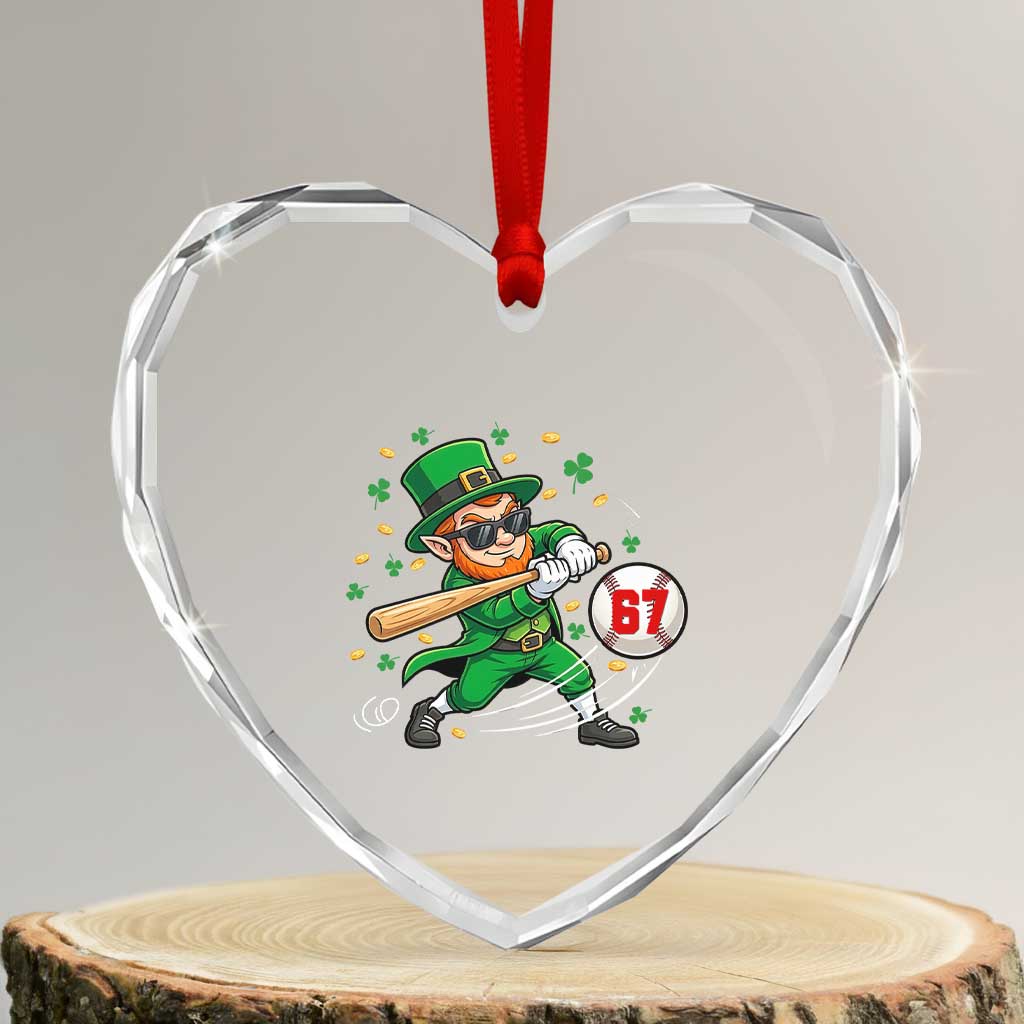 67 St Patricks Day Heart Crystal Glass Ornament Funny Six Seven Leprechaun Playing Baseball Meme
