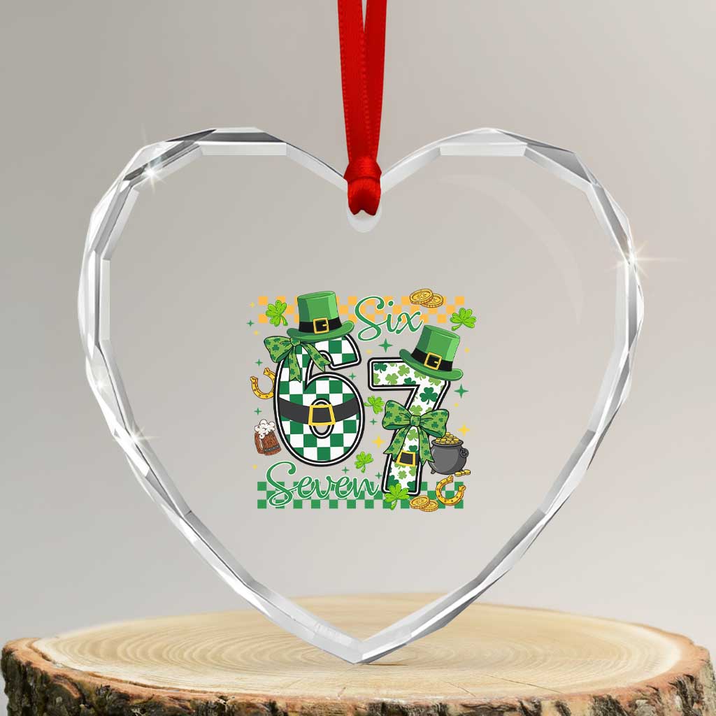 67 St Patricks Day Heart Crystal Glass Ornament Funny Six Seven Meme Lucky Shamrock
