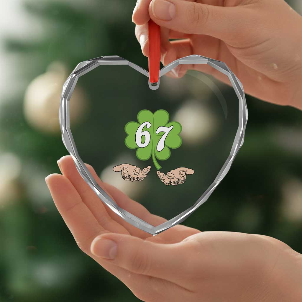 67 St Patricks Day Heart Crystal Glass Ornament Six Seven Meme Shamrock Hand Gesture