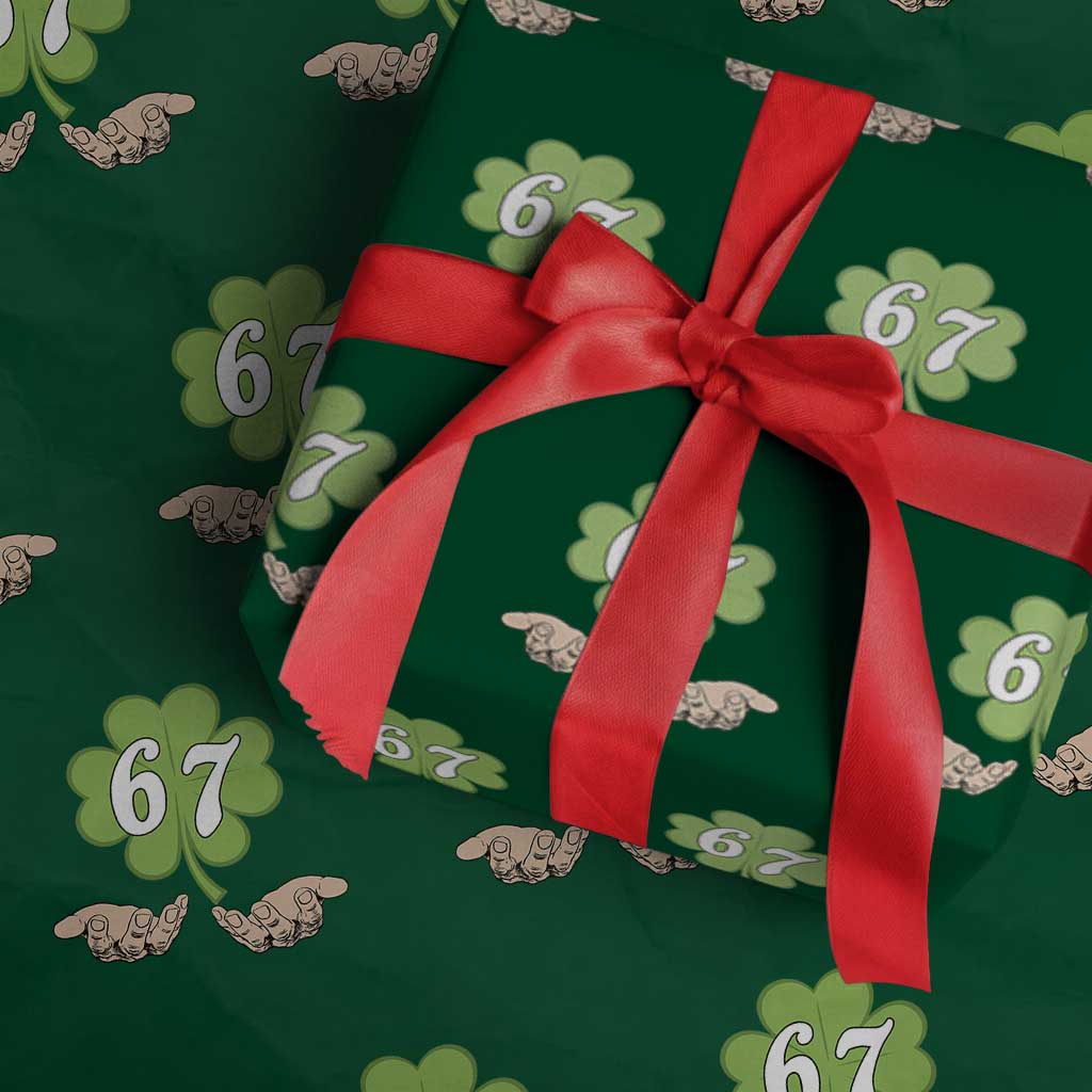 67 St Patricks Day Wrapping Paper Roll Six Seven Meme Shamrock Hand Gesture