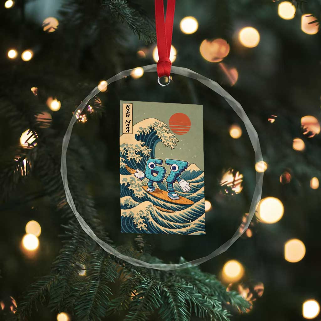 67 Surfing Japanese Crystal Glass Ornament Funny Great Wave Off Kanagawa Six Seven Brainrot Meme - Wonder Print Shop
