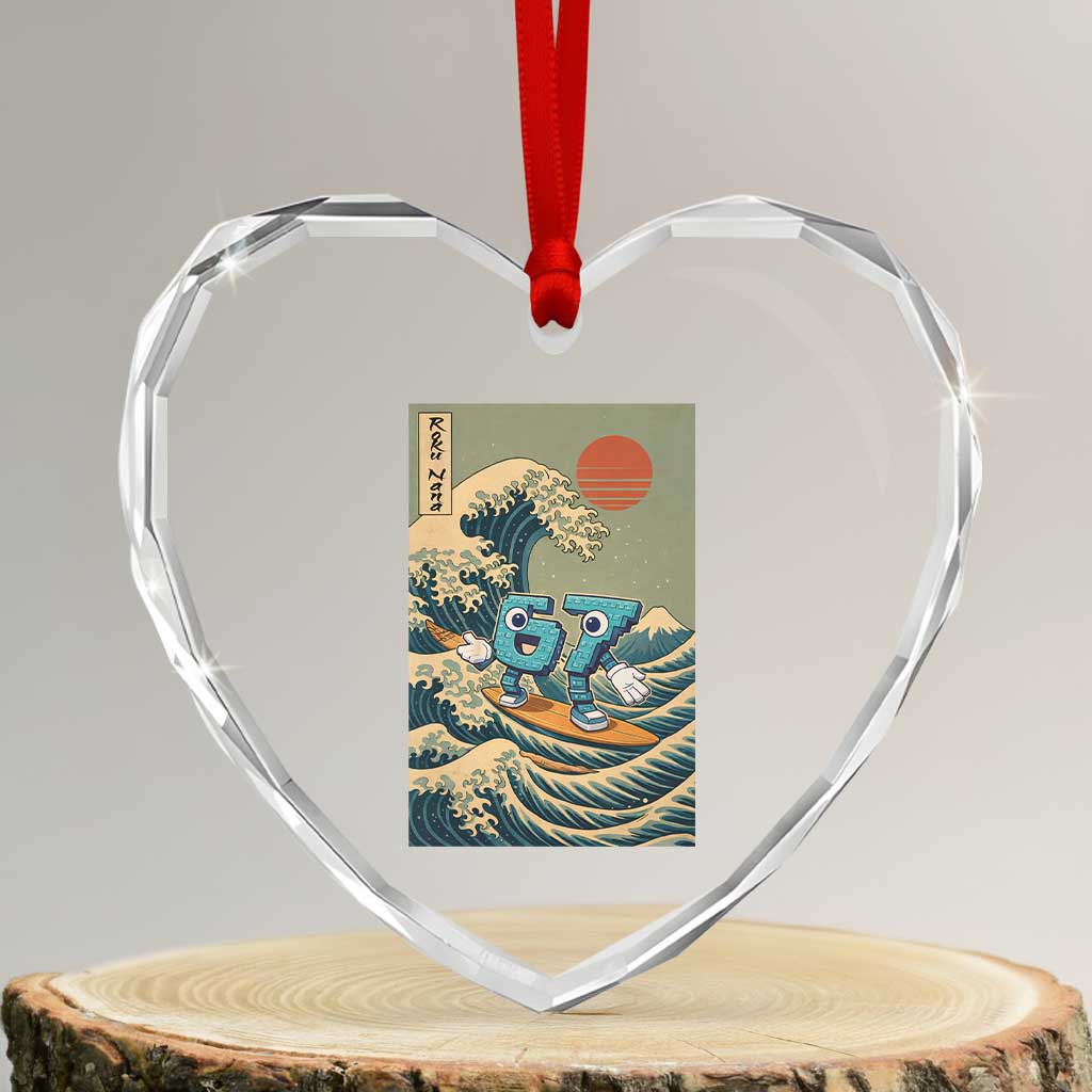 67 Surfing Japanese Heart Crystal Glass Ornament Funny Great Wave Off Kanagawa Six Seven Brainrot Meme - Wonder Print Shop