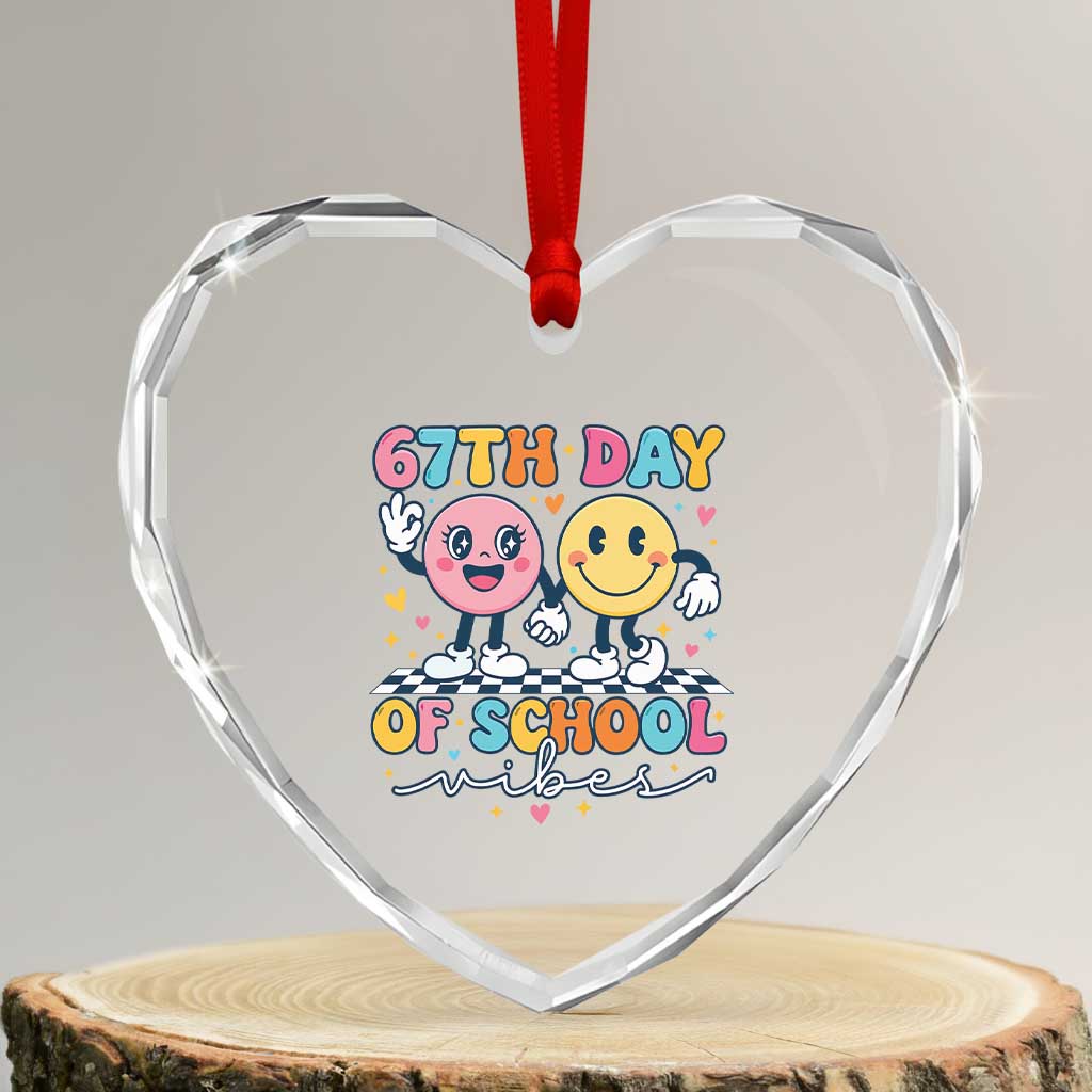 67th Day of School Vibes Heart Crystal Glass Ornament Cute Retro Smiling Face for Students & Teachers - Wonder Print Shop