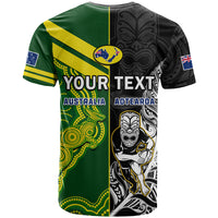 Custom Australia Kangaroos And All Black Rugby T Shirt Aboriginal Mix NZ Maori Fern LT14