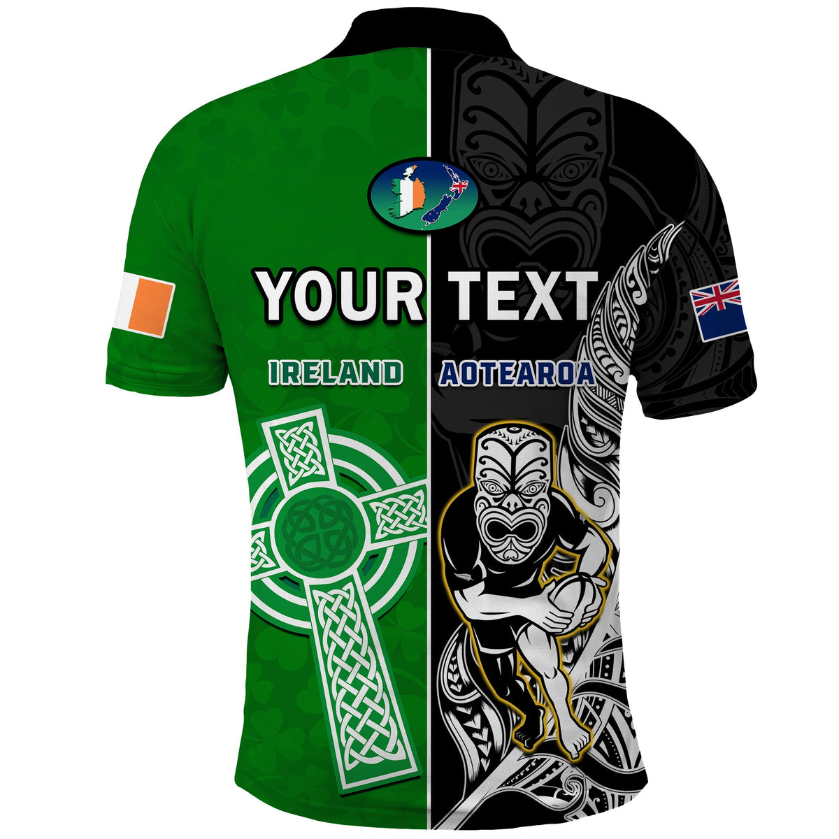 Custom New Zealand Ireland Rugby Polo Shirt All Black Maori Mix Shamrocks - Wonder Print Shop