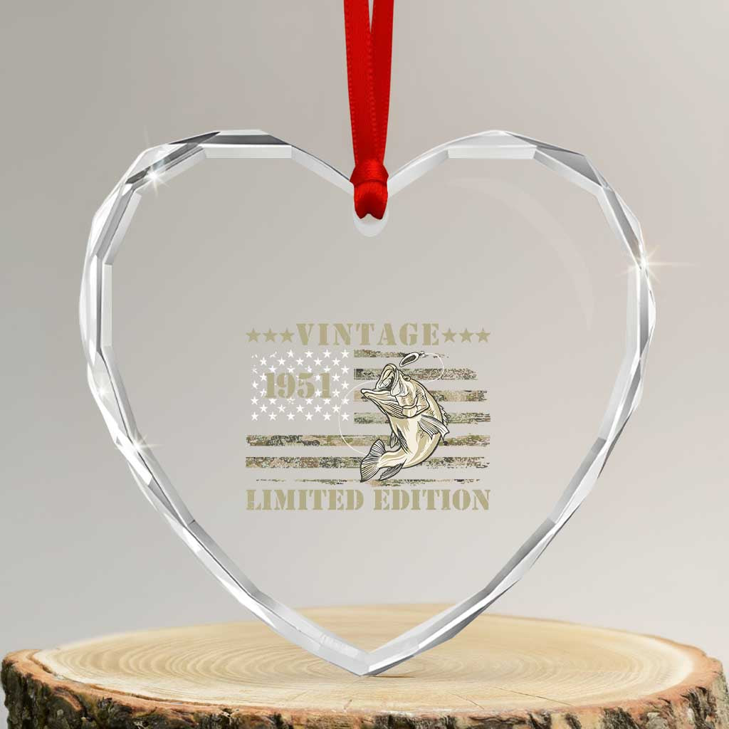 75th Birthday Fishing Vintage 1951 Limited Edition Heart Crystal Glass Ornament Bass Fishing Camouflage American Flag Fisherman Gift