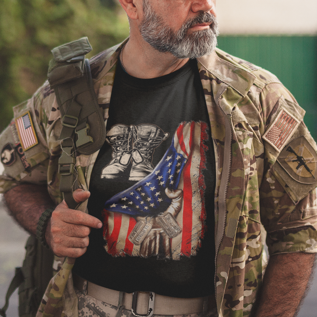 US Pride T Shirt American Flag With Combat Boots And Dog Tags - Wonder Print Shop