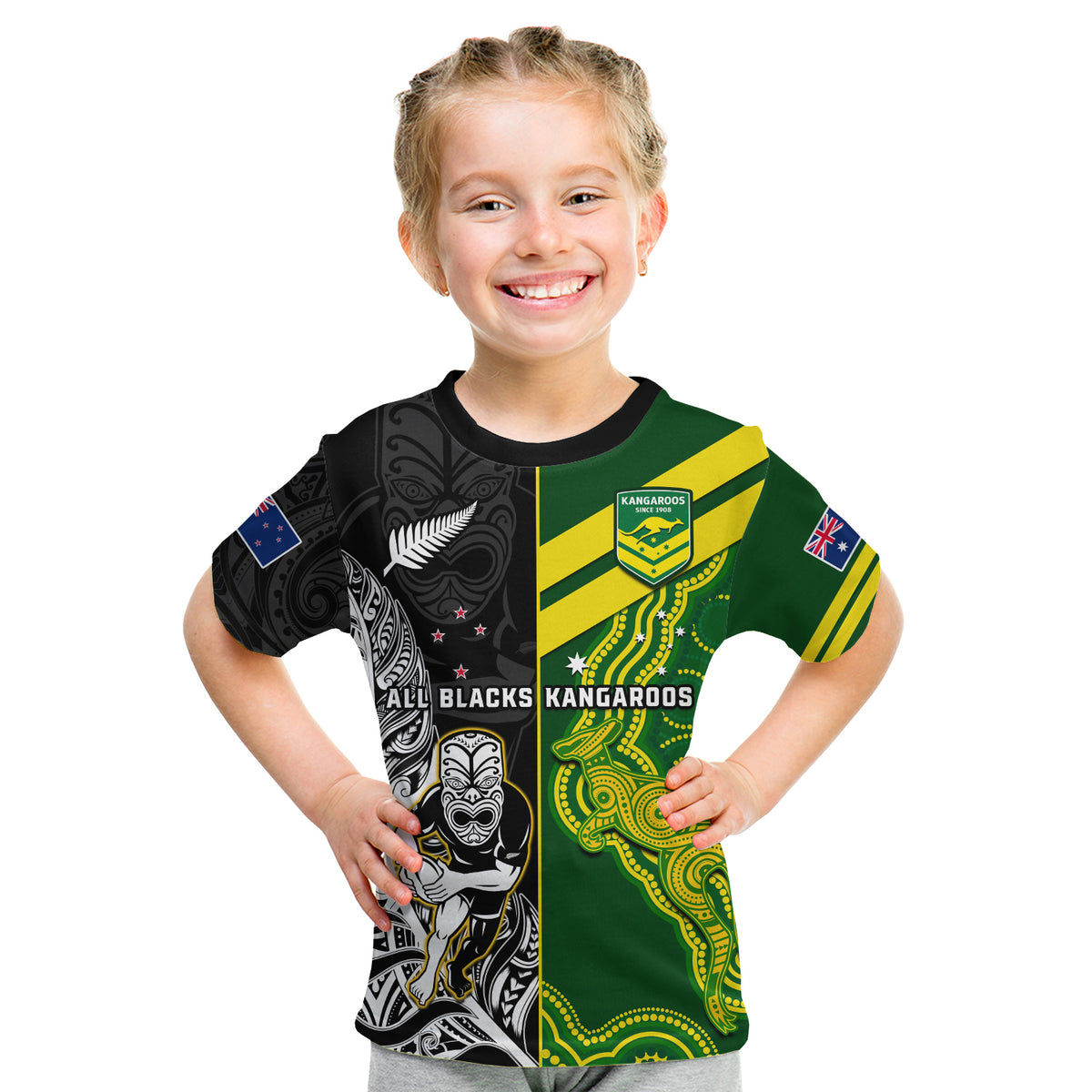 Custom Australia Kangaroos And All Black Rugby T Shirt Aboriginal Mix NZ Maori Fern LT14