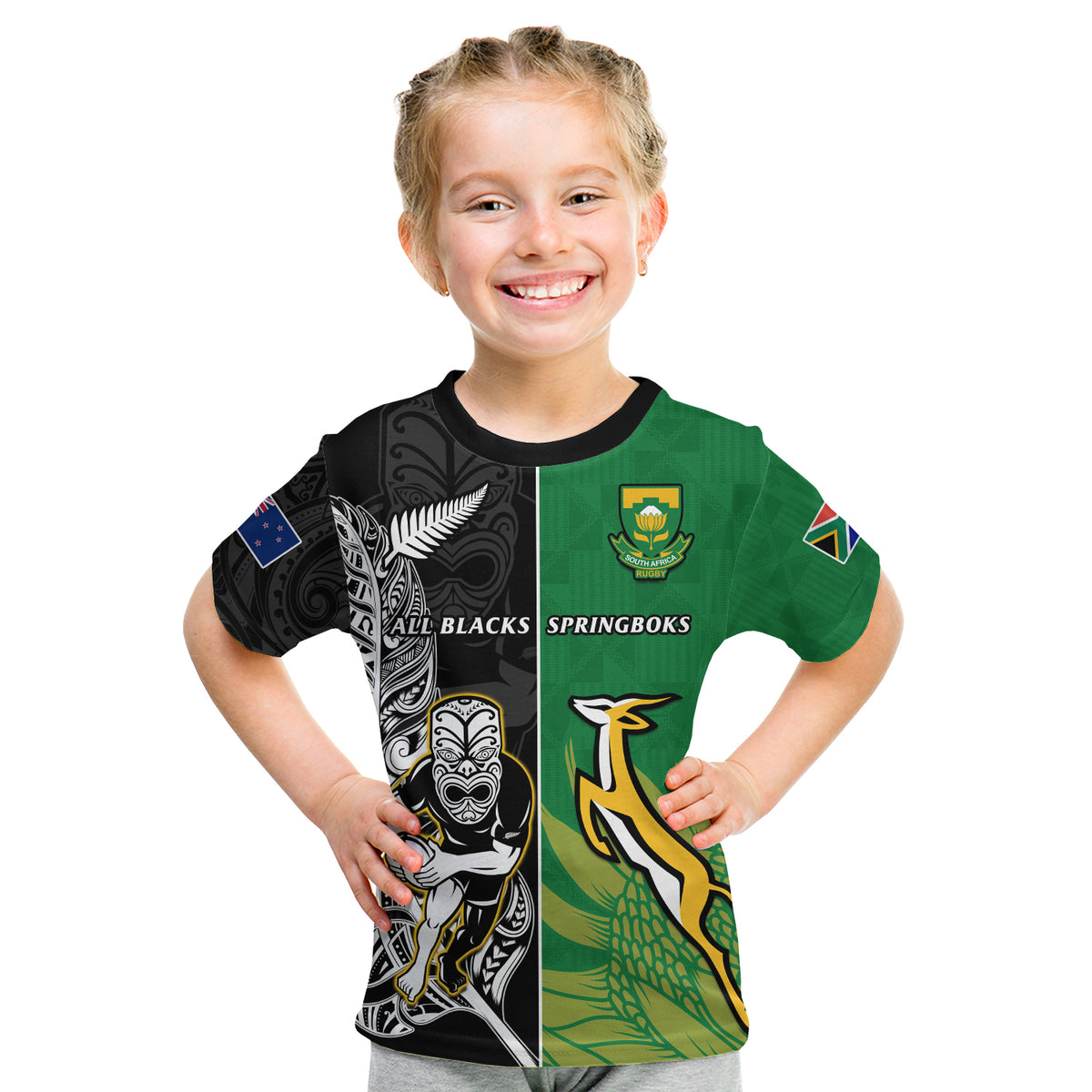 Custom Personalised New Zealand And South Africa Rugby T Shirt KID All Black Maori Mix Springboks - Wonder Print Shop
