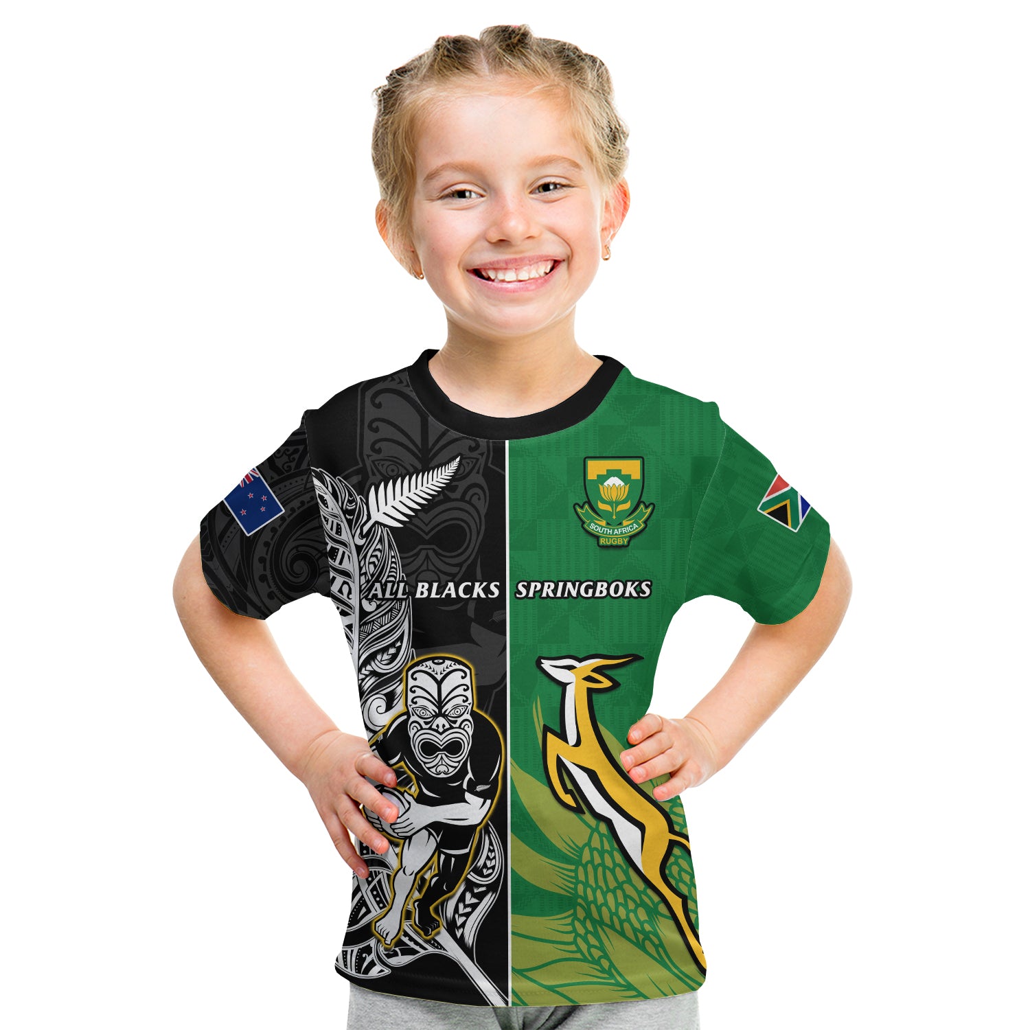 (Custom Personalised) New Zealand And South Africa Rugby T Shirt KID All Black Maori Mix Springboks LT14