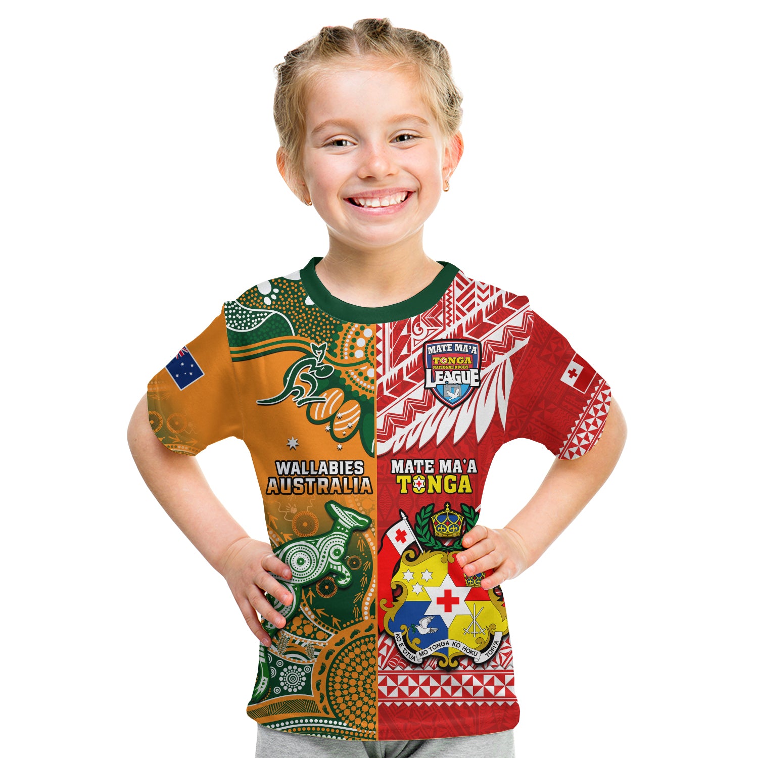 (Custom Personalised) Mate Maa Tonga And Wallabies Rugby T Shirt KID Polynesian Mix Aboriginal - Wonder Print Shop