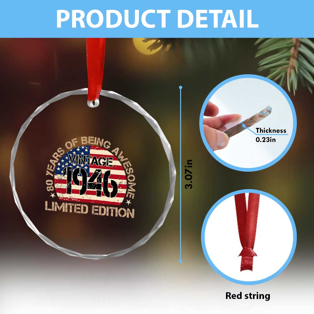 80th Birthday Crystal Glass Ornament Vintage 1946 80 Year Old Birthday USA Flag