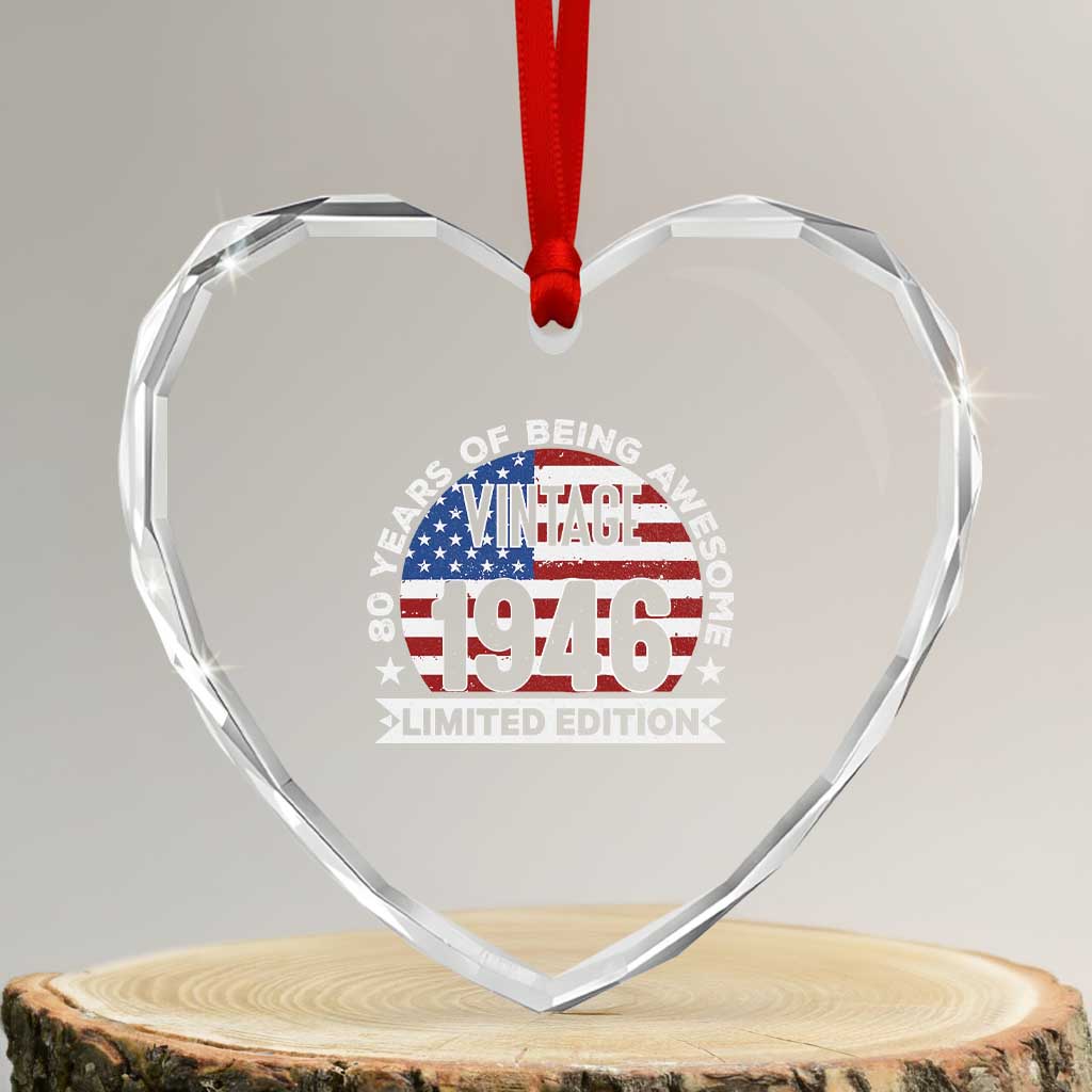 80th Birthday Heart Crystal Glass Ornament Vintage 1946 80 Year Old Birthday American Flag