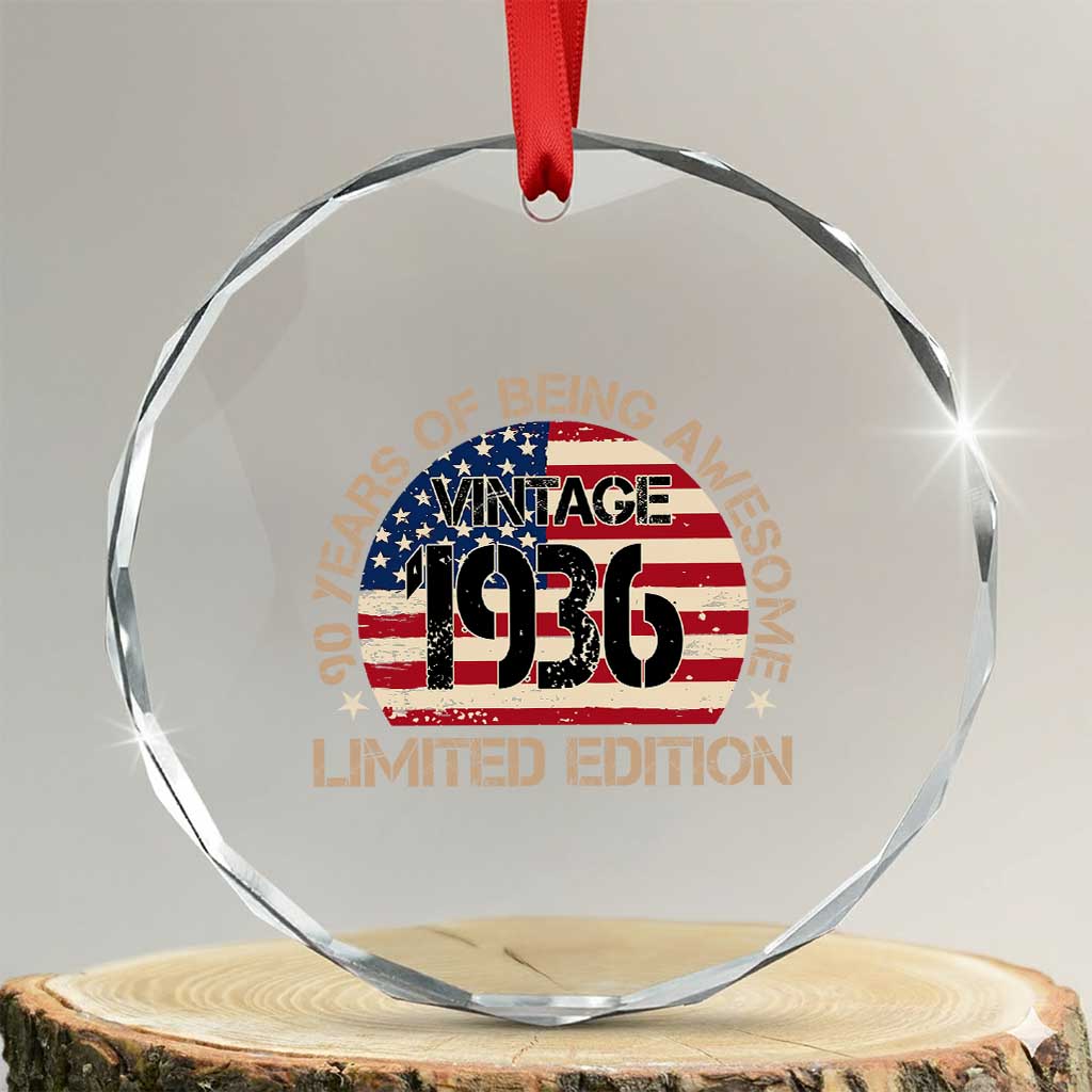 90th Birthday Crystal Glass Ornament Vintage 1936 90 Year Old Birthday USA Flag