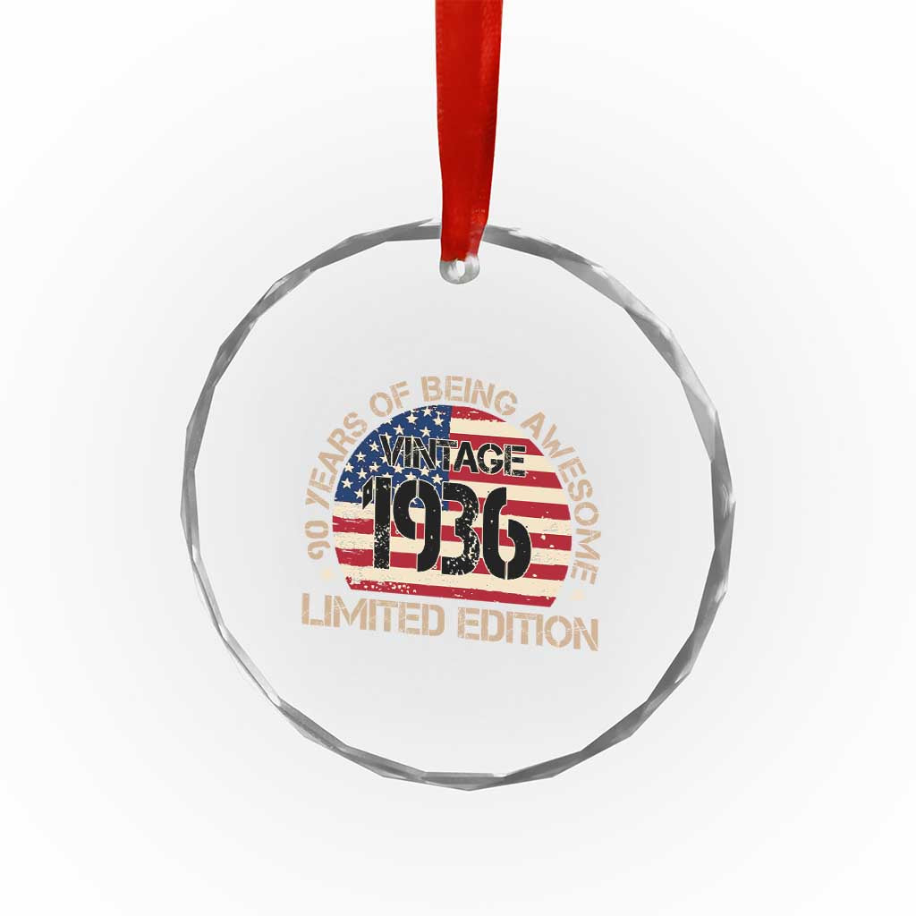 90th Birthday Crystal Glass Ornament Vintage 1936 90 Year Old Birthday USA Flag