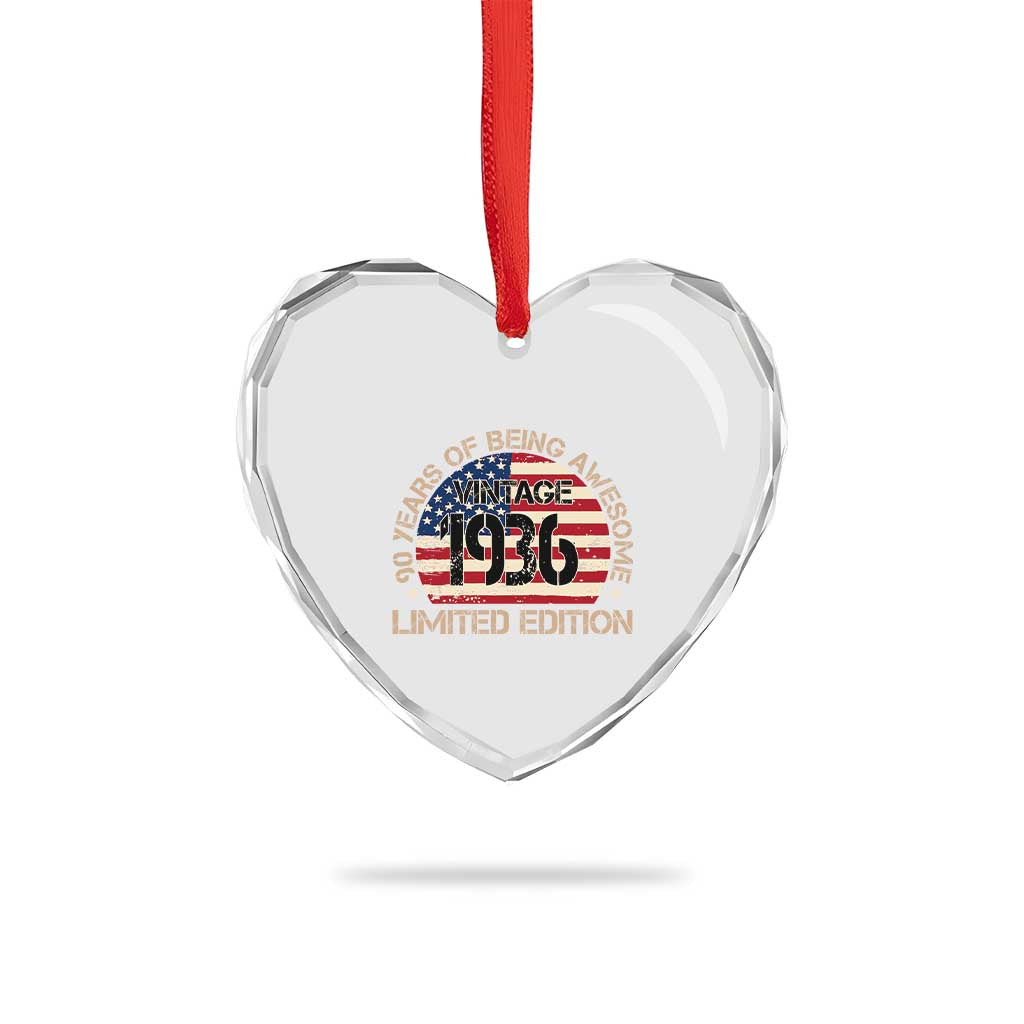 90th Birthday Heart Crystal Glass Ornament Vintage 1936 90 Year Old Birthday USA Flag