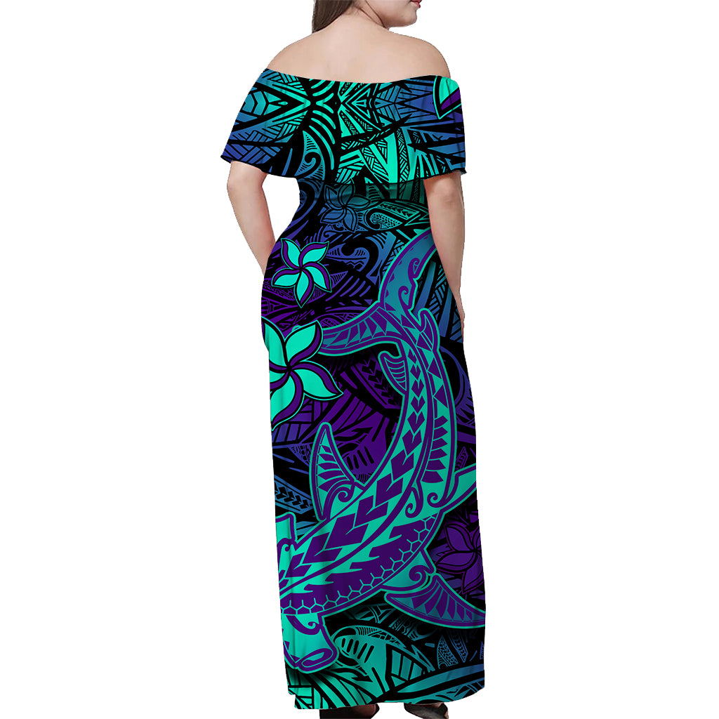 Purple Polynesian Family Matching Outfits Off Shoulder Maxi Dress And Hawaiian Shirt Tribal Hammerhead Shark - Wonder Print Shop