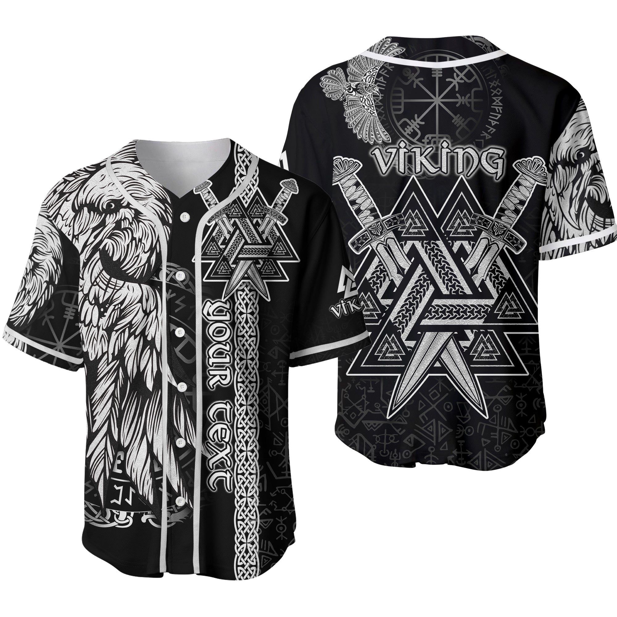 Custom Viking Baseball Jersey Valknut Raven Symbol Celtic Vegvisir Black Color Ver.02 - Wonder Print Shop